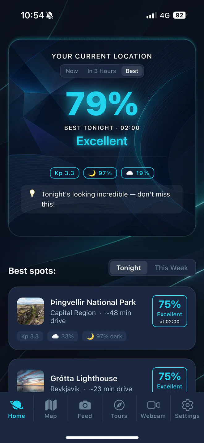 Aurora Iceland home screen: a 79% Excellent aurora score for tonight, with the best spots nearby