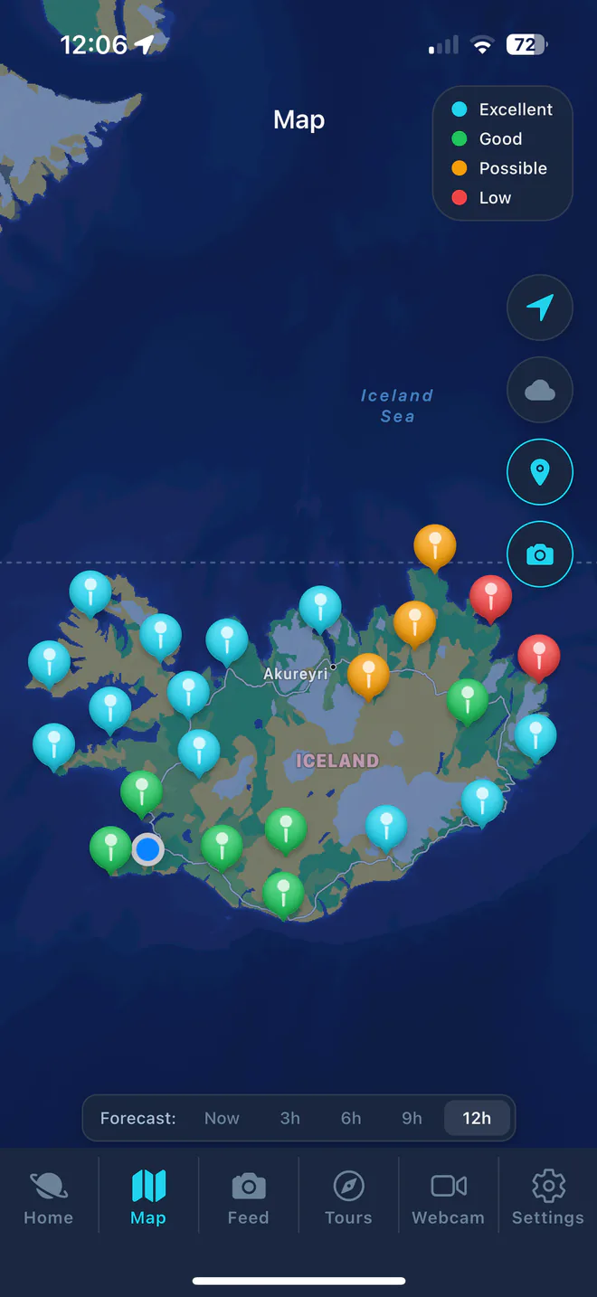 Aurora Iceland map of Iceland with color-coded forecast pins, from Excellent to Low