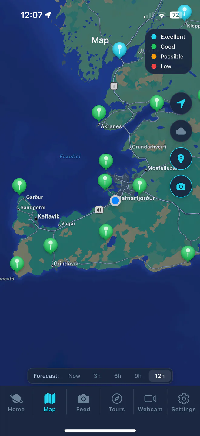 Aurora Iceland map zoomed in on Reykjavík and the Reykjanes peninsula