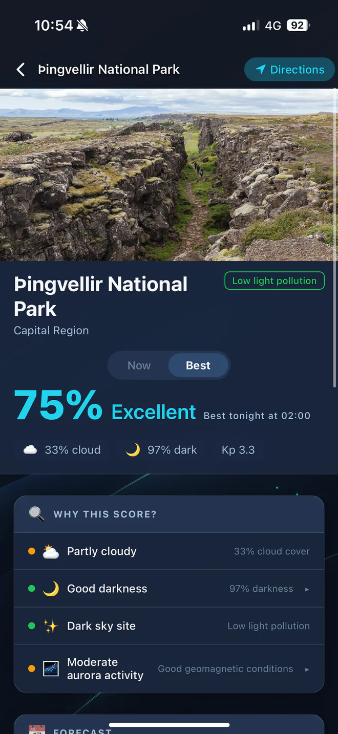 Þingvellir National Park in the app: 75% Excellent, with the cloud, darkness and aurora factors behind the score