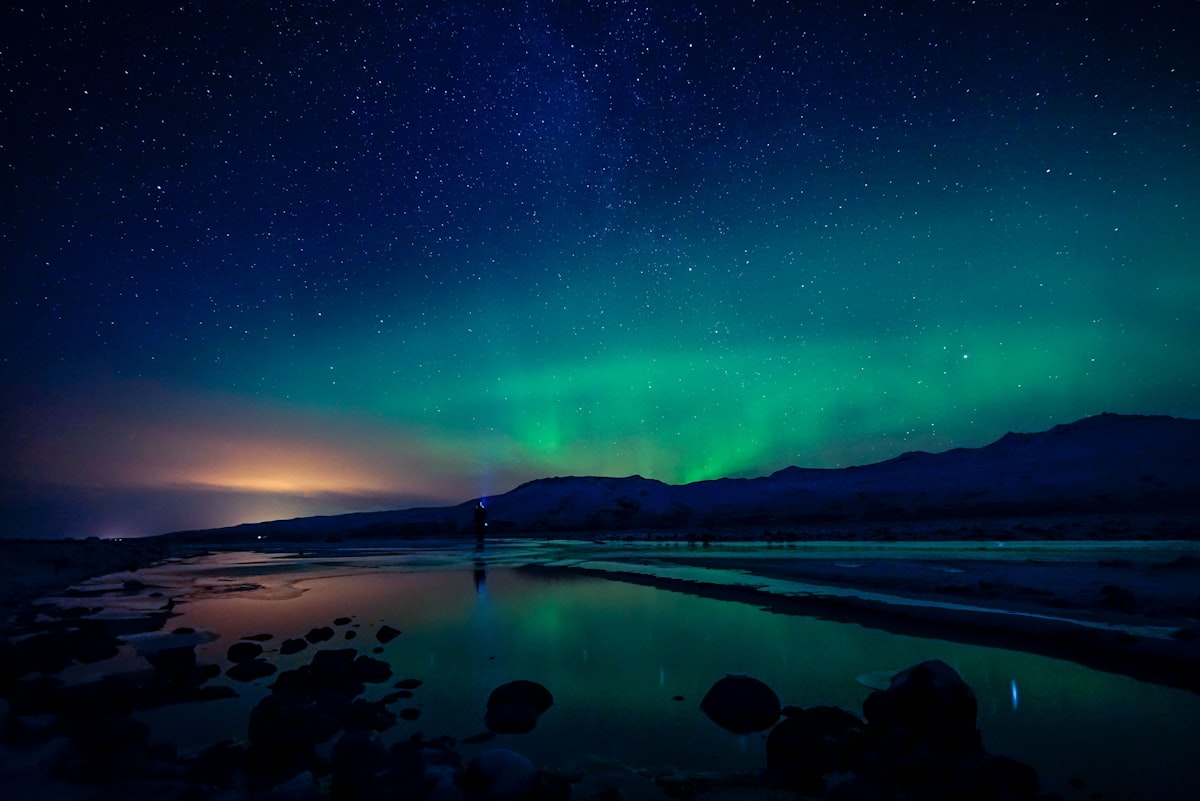 Green northern lights arcing over a dark Icelandic landscape with the faint glow of a distant city on the horizon