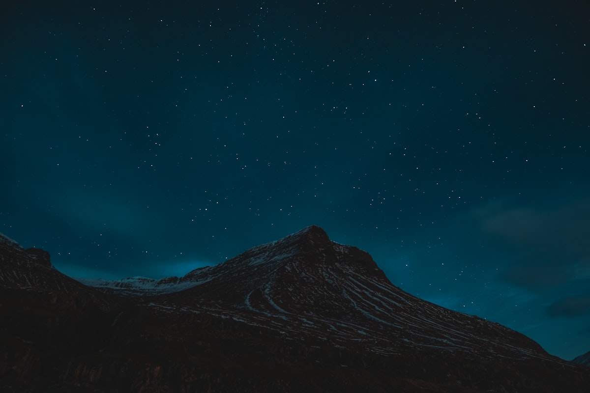 A star-filled night sky arching over a dark Icelandic mountain ridge.