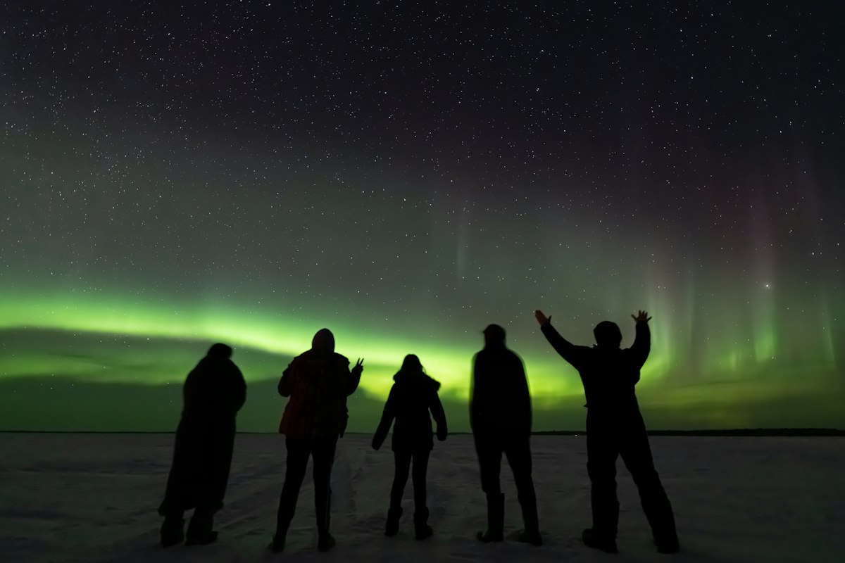 Five people in winter clothing, one of them a child, stand in silhouette on a snowy plain and wave at a green band of northern lights under a starry sky.