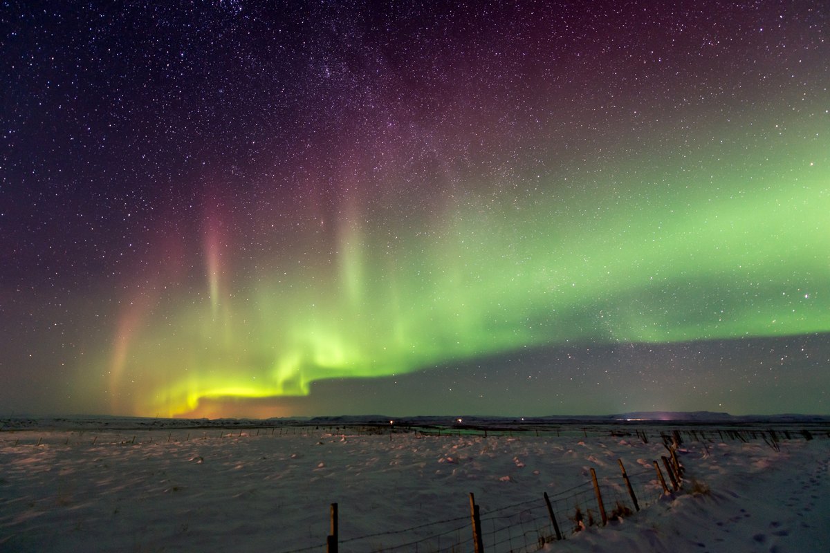 A wide green and violet aurora arc filling the sky over snow-covered fields and a fence line in South Iceland